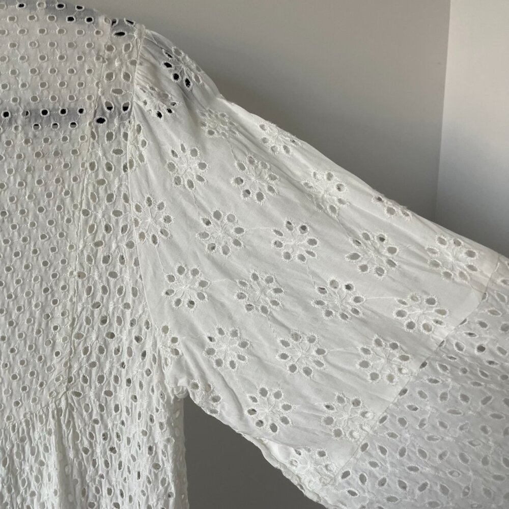 White Tiered Woven Peasant Long-Sleeve Dress - Picture 10 of 11